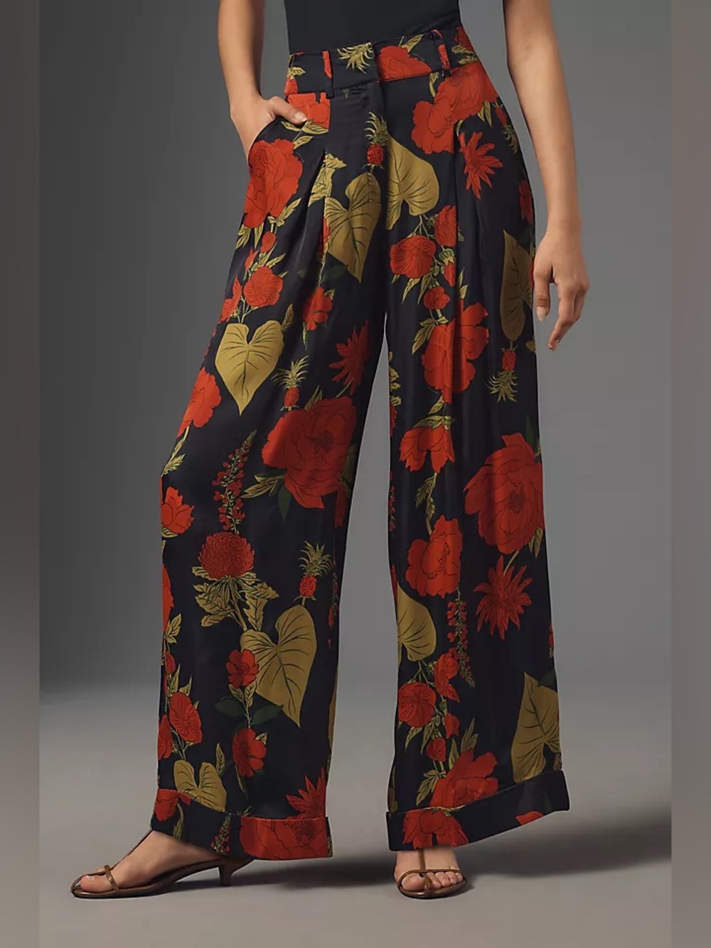 FARM Rio Anthropologie S Floral Wide Leg Pants Black Red Pleated Tropical Resort